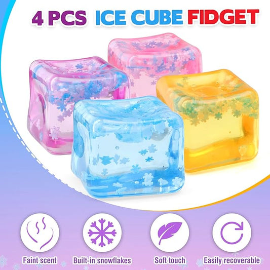Ice Cube Fidget Toy for All Ages: 4 Pcs Sensory Squishy Fidget Toys, Square Stress Balls, Classroom Prizes, Anxiety Relief Stress Cube Gift for Kids Teens Adults