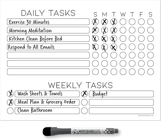 Dry Erase Whiteboard Task Planner by Glassboard Studio | Removable and Restickable Adhesive Decal | Fine-Tip Magnetic Marker Included (9 x 12 inches, White)