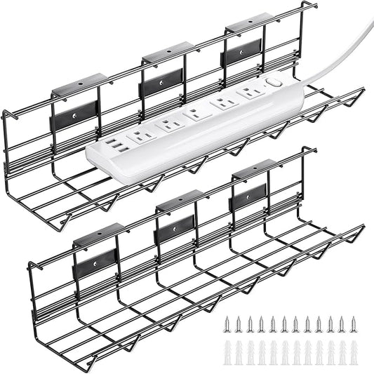 2 Pack DELAMU Under Desk Cable Management Tray, Metal Cord Cable Organizer for Desk, Easy Install Pre-drilled Wire Management Wire Organizer for Office & Home