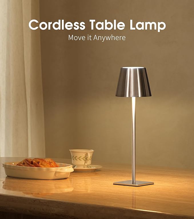 UME Cordless Table Lamp, Battery Operated Lamp - Portable Waterproof Rechargeable Table Lamp w/ 3 Color Temps & Stepless Dimming for Dinner, Desk, Cafe, Outdoor (Brushed Silver)