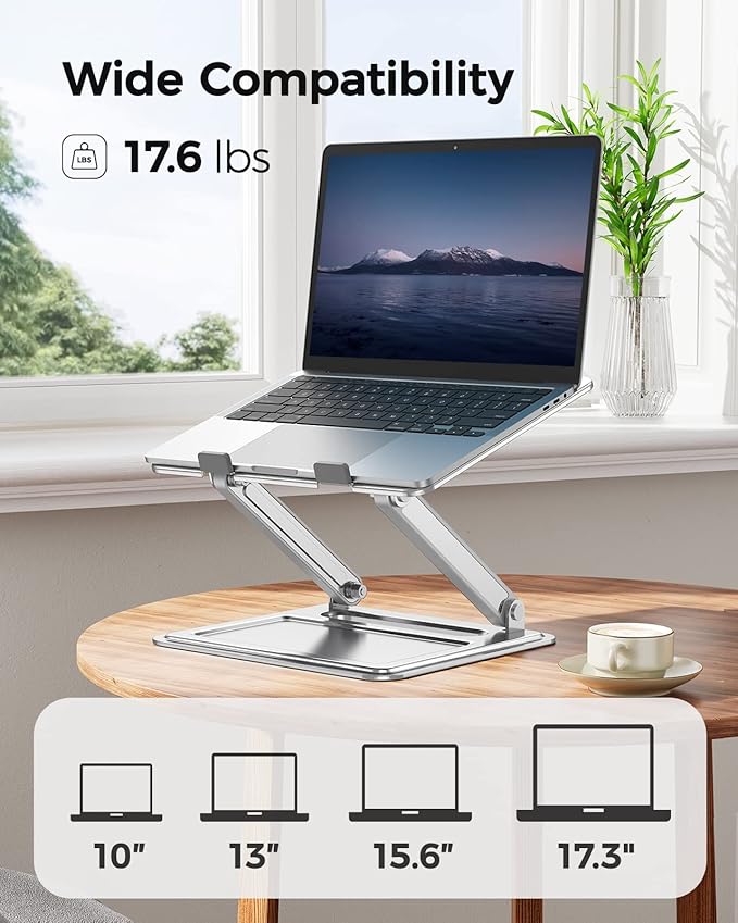 LORYERGO Laptop Stand for Desk, Adjustable & Foldable Laptop Riser for 10-15.6 Inch Laptops, Computer Stand for MacBook/Notebook, Portable Ergonomic Holder Up to 17.6lbs - Silver