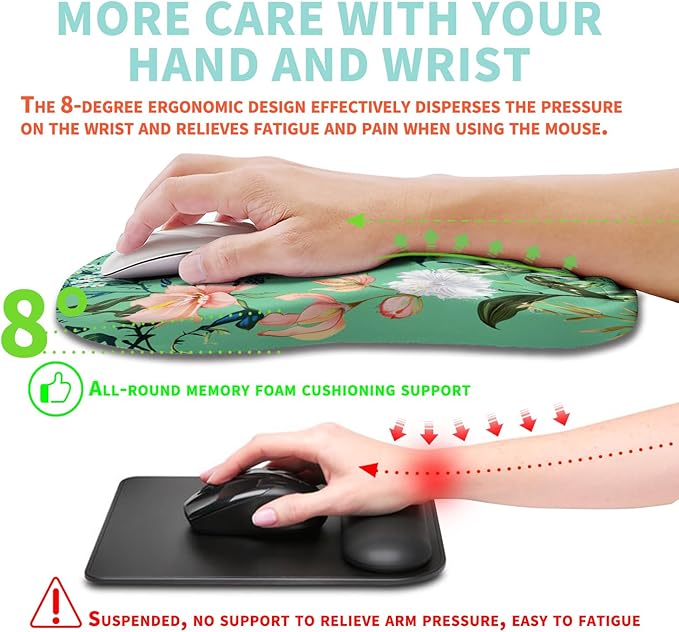 Ergonomic Mouse Pad Wrist Support with Memory Foam Massage Bulge, Carpal Tunnel Pain Relief Mousepad Wrist Rest for Mouse(12x8 inch, Pink Flowers)