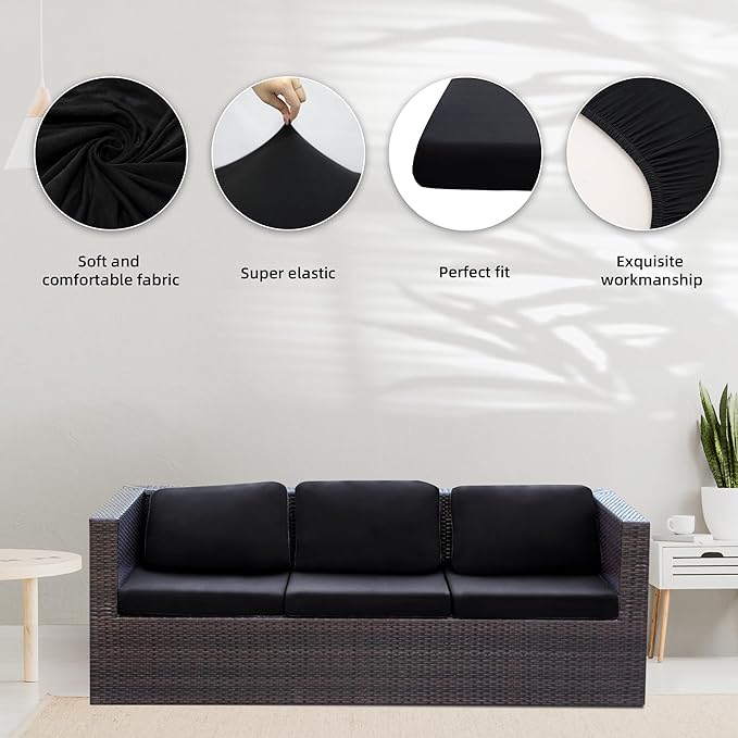 8Pcs Stretch Patio Cushion Covers,Outdoor Couch Covers Replacement,Outdoor Couch & Sofa Slipcovers,for Patio Furniture Cushion Covers,Washable Reusable urniture Protector (Black, Cover Only)