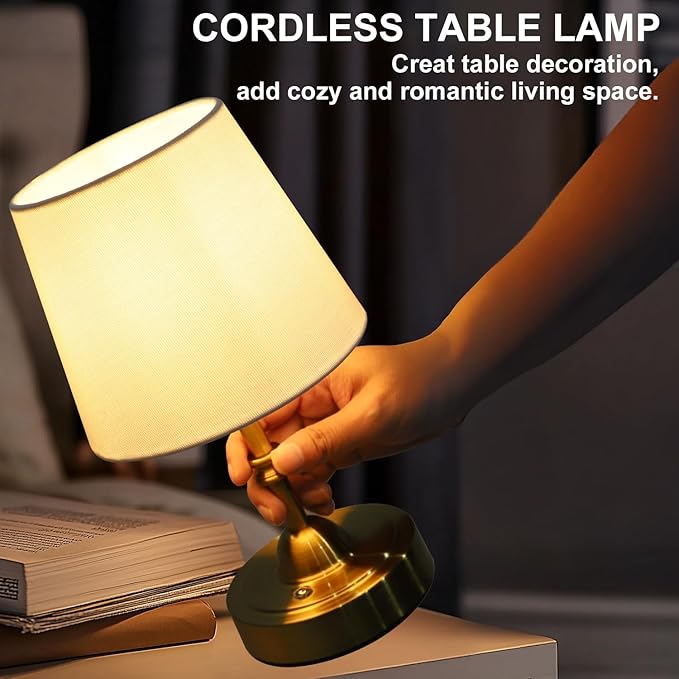 Small Cordless Table Lamp for Bedroom, Rechargeable Battery Operated Bedside Lamps, Wireless Touch 3-Level Dimmable Nightstand Lamp, Portable Desk Brass Lamp for Home Decor, Patio, Restaurant, Dinning