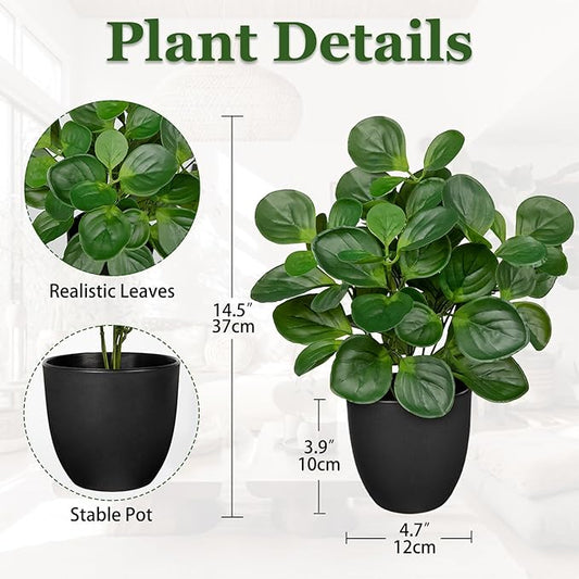14.5" Artificial Plants Indoor Home Decor, Fake Potted Silk Plants for Shelves Living Room Decorative, Small Artificial Office Desk Plants in Pots, Faux Peperomia Hope Tropical House Plant