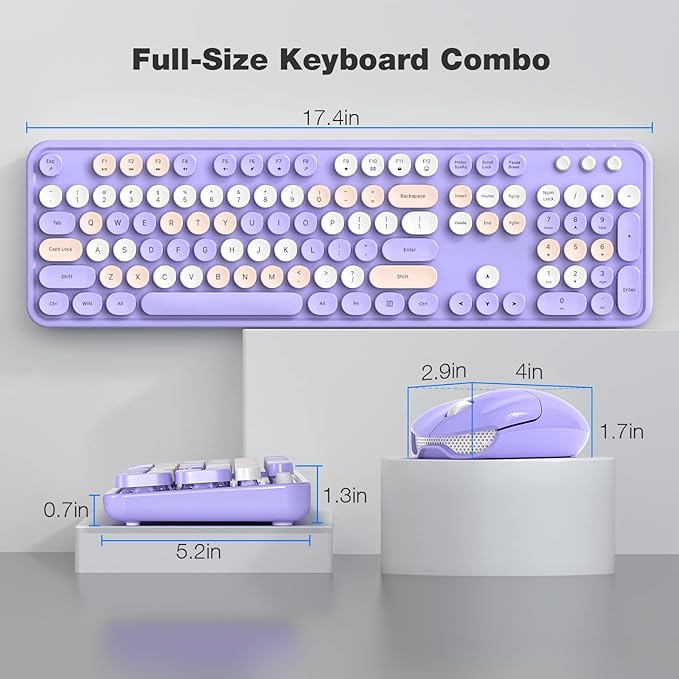Wireless Keyboard and Mouse Combo, MOWUX Colorful Computer Full Size 2.4G Plug and Play Wireless Typewriter Keyboard and Mouse Set for Windows, Computer, Desktop, PC, Notebook (Purple Colorful)