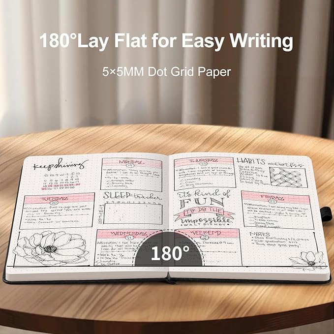 AHGXG Bullet Dotted Journal - Dot Grid Notebook Journal, 120 GSM Thick Acid-Free Paper, A5 Dotted Notebook 160 Pages, Leather Hardcover, Inner Pocket, Journal Stencil, 5.7'' × 8.3'' - Black