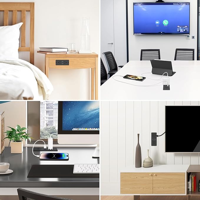 HHSOET 5 in 1 Recessed Power Strip Flat Plug, 20W Fast Charging Furniture Outlet with USB, Conference Recessed Socket with 2 AC Plugs, 2 USB Ports 1 USB-C, 6ft Power Cord. (Black)