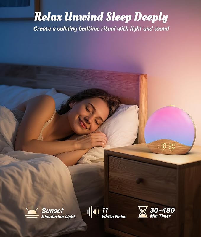 ecozy Wood Grain Sunrise Alarm Clock, White Noise Sound Machine, Music-Sync Lights, Upgraded Backlit Buttons for Bedrooms, 26 Soothing Sounds, 17 Night Lights, Wake Up Light for Heavy Sleepers
