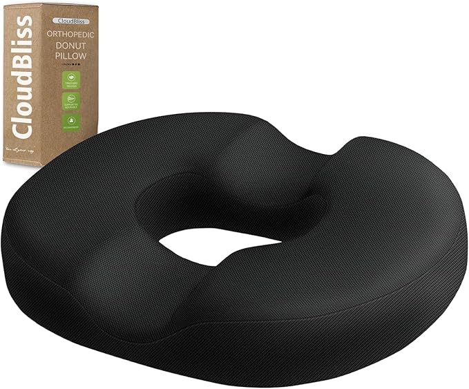 CloudBliss Donut Pillow Seat Cushion Chair Pad for Tailbone Pain Relief and Hemorrhoids, Memory Foam Seat Chair Cushion for Men and Women for Home & Office, (Black-2XL)