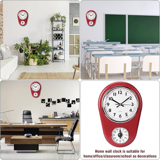 Retro Kitchen Timer Wall Clock, Vintage Wall Big Watch Hanging Clock Home Kitchen Timer Bell Shape Red for Indoor Living Room Decoration