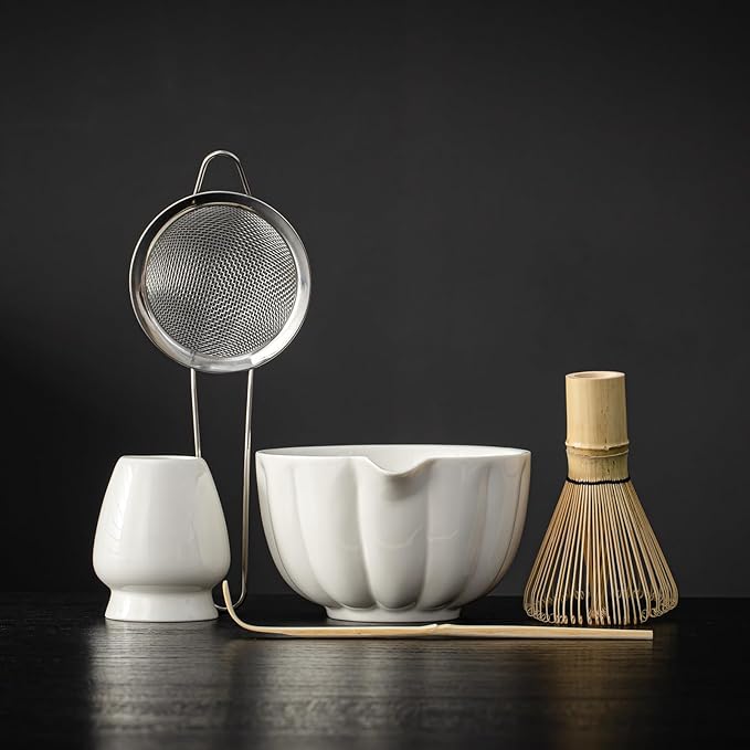 Matcha Whisk Set, Matcha Set Includes Ceramic Matcha Bowl, Bamboo Whisk, Scoop, Chasen Holder, Sifter, 5 Pcs Perfect Matcha Kit for Macha Lover (Pearl White)