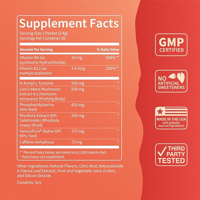 SuperFocus Fruit Punch with Caffeine– Nootropic Focus Drink Mix, 20 On-The-Go Packets, Alpha GPC, Lion’s Mane, Rhodiola, Sugar-Free