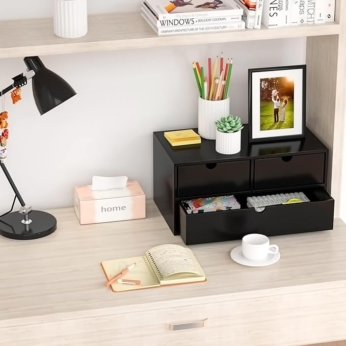 Wisuce Bamboo Desk Organizer - Mini Bamboo Desk Drawer Tabletop Cosmetic Storage Organization for Office or Home Black