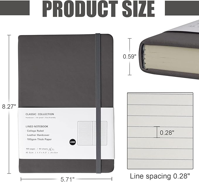 Lined Journal Notebook, 6Pack(Dark Gray), 160 Pages, Medium 5.7 inches x 8 inches - 100 gsm Thick Paper, Hardcover