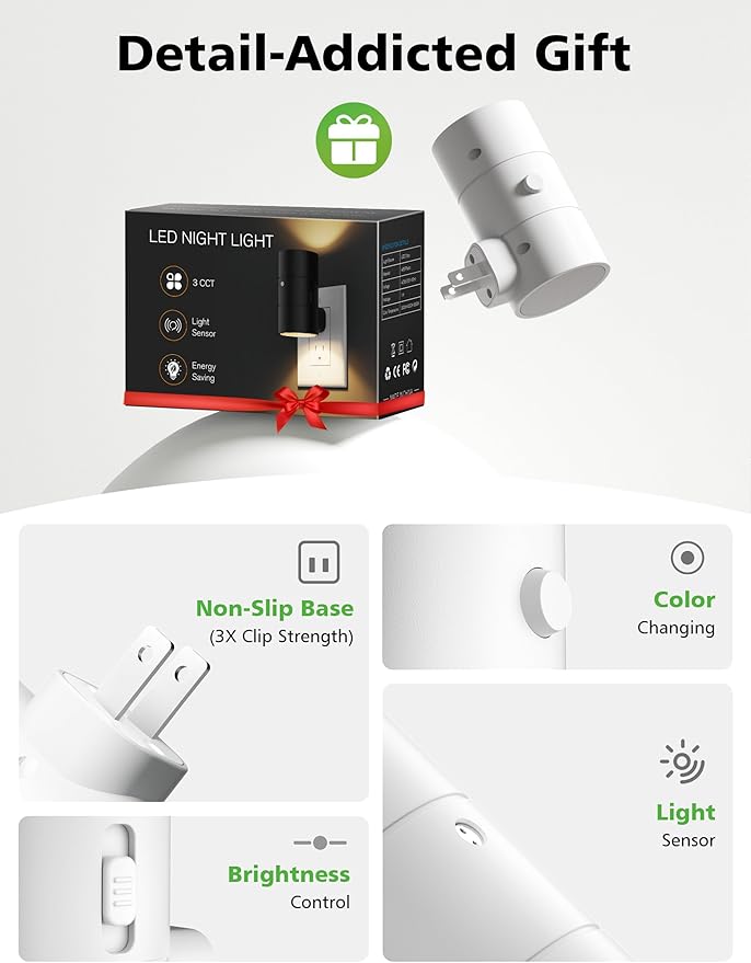 Night Lights Plug Into Wall,3 Color Temperatures LED Night Light Plug in,Dusk to Dawn Sensor,0-100LM Adjustable Brightness,Dimmable Night Lights for Hallway Bathroom Stair Bedroom,White,8 Pack