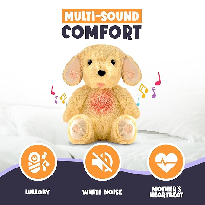Gemma Joy Baby Sleep Soother Puppy for Baby – Cry Activated Heartbeat Stuffed Animal – Rechargeable Crib Soother with White Noise, Shush, Lullabies & Night Light – Newborn Essentials Must Haves