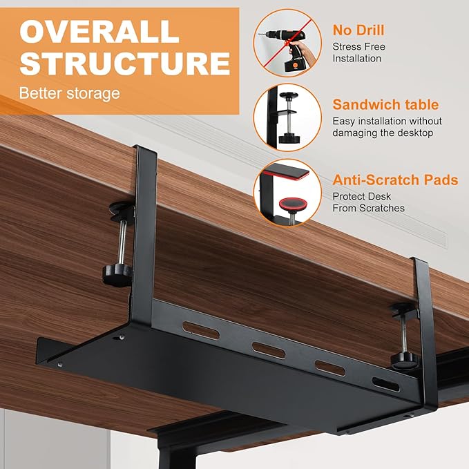 16.5" Under Desk Cable Management Tray - Metal Cord Organizer with Heavy-Duty Clamp, No Drilling, Workspace Organizer for Office/Home (Black)