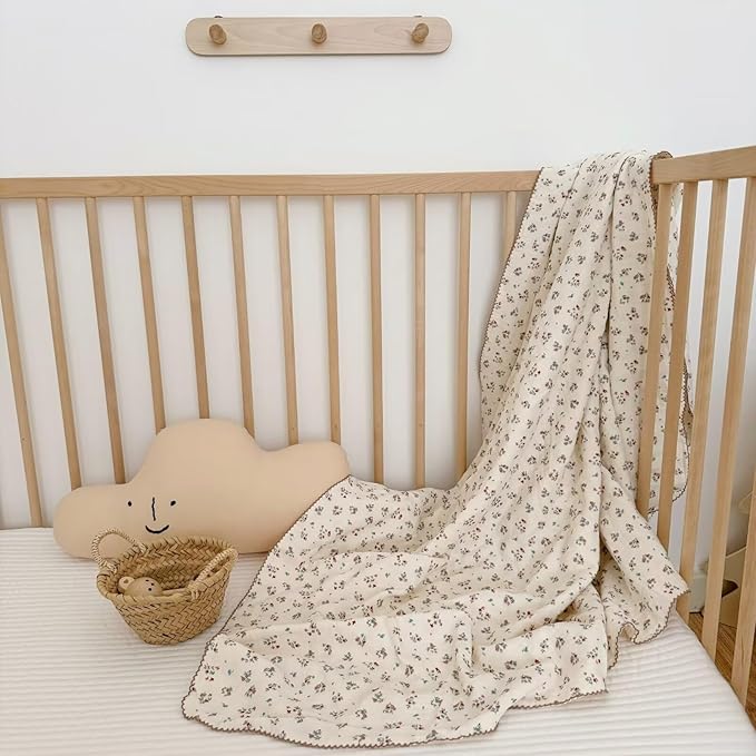 BuLuTu Cotton Muslin Blanket for Toddler Girls Boys 1 2 3 4 5 6 Year Old, Shabby Chic Floral Baby Blanket for Crib/Toddler Bed, 4 Layers Gauze Lightweight Toddler Quilt, 1 pc, 47"x51"