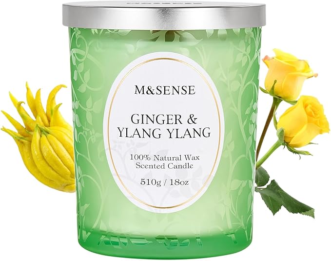 M&SENSE Wooden Wick Scented Candles, Ginger YlangYlang Candles, 100 Hours Slow Burning No Toxin Natural Soy Wax 18oz, Stress Relief Relax Romance Home Fragranfce, Gifts for Her Him