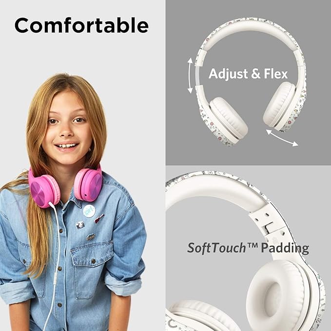 LilGadgets Connect+ Wired Kids Headphones for School with Microphone, Noise & Volume Reducing Over-Ear Headset with Cord, SharePort Technology & SoftTouch Padding, Magical Unicorns Headphones for Kids