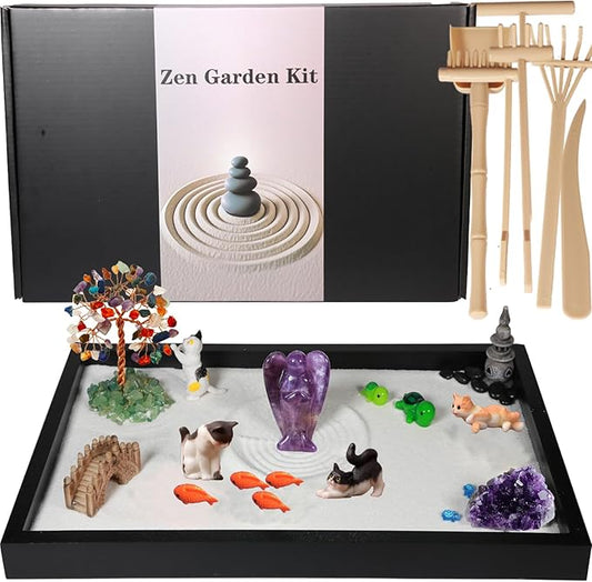 Zen Garden for Desk, with Crystals and Healing Stones & Cat Figurines, Miniature Meditation Sand Garden Stress Relief Desk Decor, Tools for Relaxation and Mindfulness