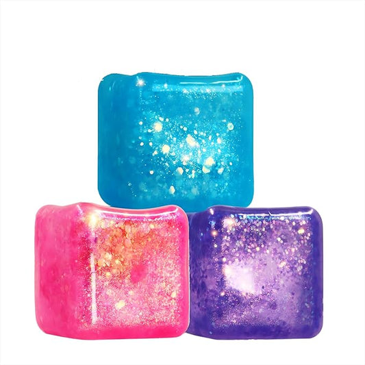 Slow Rise Glitter Square Squishy Cubes for Adults Pack of 3, Gel Cube Stress Cube, Squishy Stress Balls, Malt Sugar Nice Stress Cubes Squeeze Balls for Anxiety Relief(Purple/Blue/Pink)