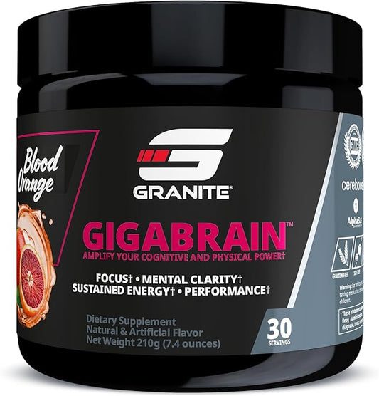 Granite Nutrition GigaBrain Nootropic Energy Powder – Cereboost, Alpha-GPC & ElevATP – Cognitive Focus Supplement for Sustained Energy & Performance – Blood Orange, 30 Servings