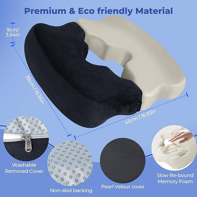 SAHEYER Bed Sore Cushions for Butt, Memory Foam Hemorrhoid Pressure Relief Pillow with Center Hole and Tailbone Cutout, for Long Sitting Coccyx, Sciatica, Postpartum, Pregnancy, After Surgery, Black
