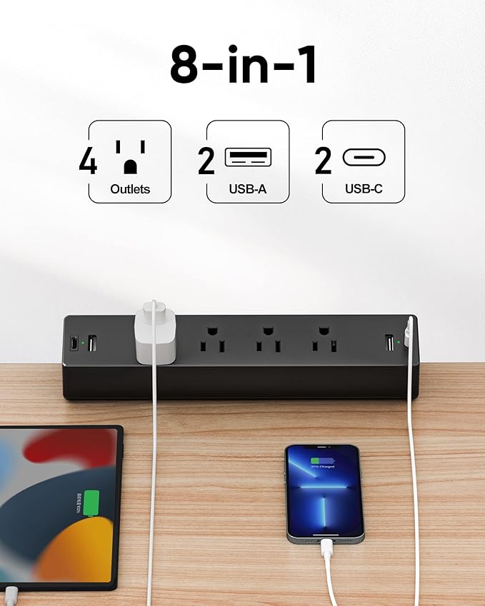 Desk Clamp Surge Protector, 10 FT Extension Cord, Fast Charging Station with 4 AC Outlets 2 USB-A and 2 USB-C Ports, Fit 1.7 inch Tabletop Edge, Desk Power Strip for Home Office Room