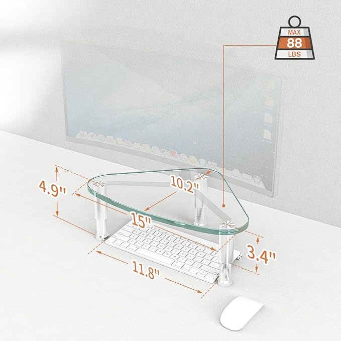Hemudu Clear Glass Computer Monitor Riser / Triangle Desktop Universal Corner Stand for Computer Monitor & Laptop HD01T-003