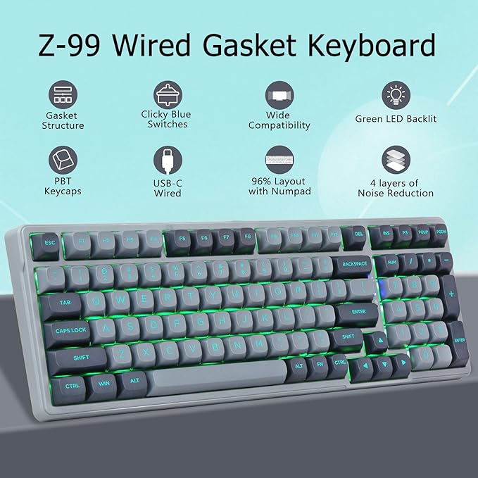 E-YOOSO Wired Mechanical Gaming Keyboard, Gasket Structure with Sound Dampening Foam, Clicky Blue Switches, Green LED Backlit RGB Side Light, 99 Keys Custom Keyboard for PC,Gray/Black