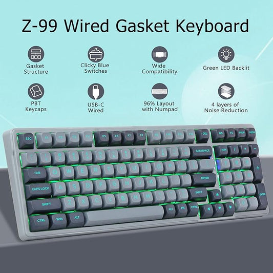 E-YOOSO Wired Mechanical Gaming Keyboard, Gasket Structure with Sound Dampening Foam, Clicky Blue Switches, Green LED Backlit RGB Side Light, 99 Keys Custom Keyboard for PC,Gray/Black