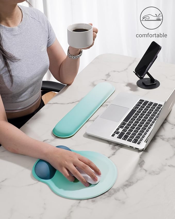 Ergonomic Mouse Pad Wrist Support Set, Memory Foam Keyboard Wrist Rest Set, Keyboard Pad, Non-Slip Base Mousepad(Gradient White Blue Set)