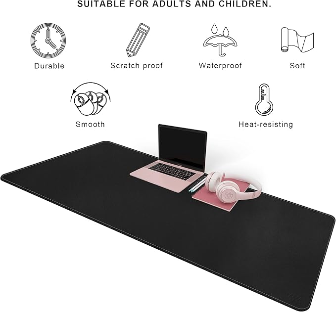 Vyaaa PU Leather Desk Mat, 55" x 24" Large Mouse Pad, Waterproof Extra Large Desk Mat, Desk Mats on top of Desks for Home or Office (Black)