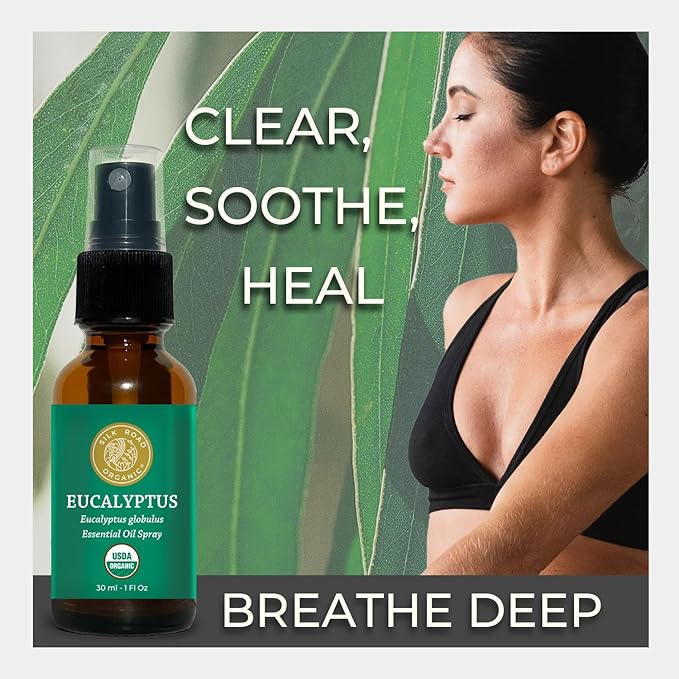 Silk Road Organic Eucalyptus Essential Oil Spray, 100% Pure USDA Certified Aromatherapy - Congestion, Colds, Cough, Sinus, Allergies & Skin Care – 1 Oz Spray