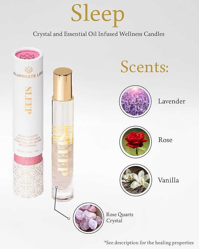 Essential Oil Rollerballs, .34 OZ, Sleep - Rose Quartz Crystal Infused - Scents of Rose, Lavender, and Vanilla - Aromatherapy Roll On, Valentine's Day Gift