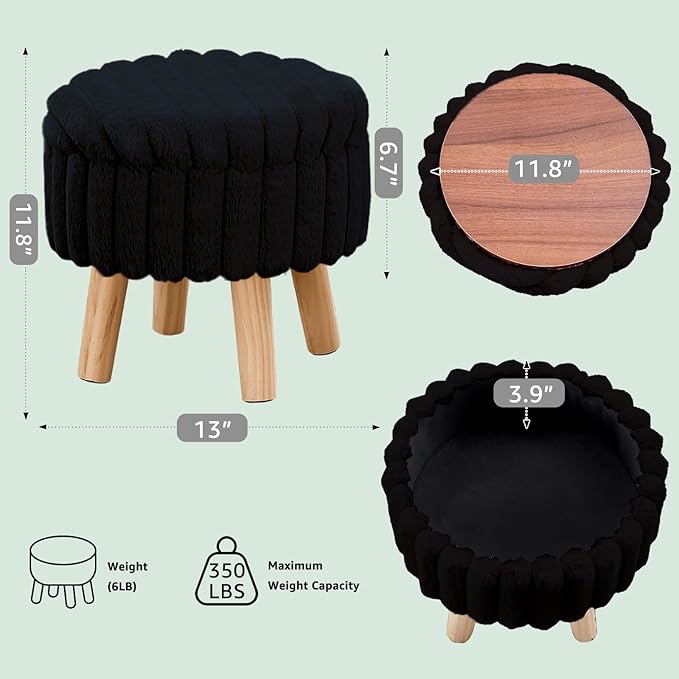Wimarsbon Storage Ottoman,Soft Faux Fur Footstool with Padded Seat, Small Reading Vanity Chair, Footrest with Wood Tray for Couch, Mini Coffee Table or Display Stand (Black, Round Storage)