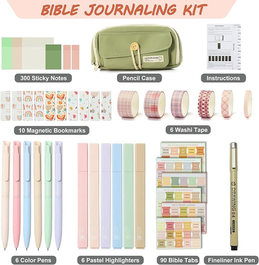 Bible Journaling Kit, Bible Highlighters and Pens, Laminated Bible Tabs, Sticky Notes, Pencil Case, Bible Study Supplies for Women Men Office School, Back to School Gifts (Muted Color)