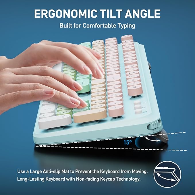 Wireless Keyboards Mouse Combos, Colorful Cute Typewriter Full-Size Retro Round Keycaps, 2.4GHz Cordless Sleep Mode Office Quiet Wireless Keyboard and Mouse Set for Desktop Laptop PC Computer