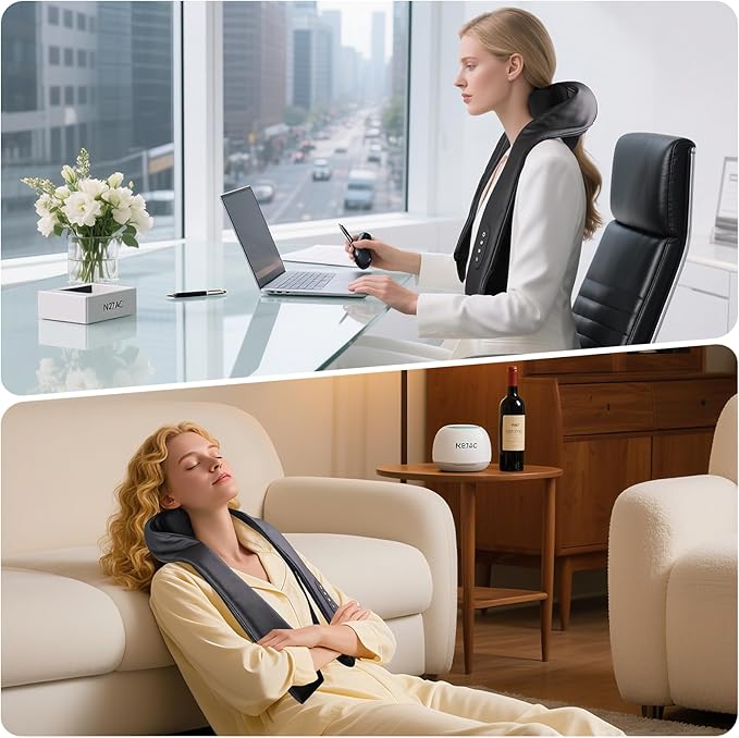 Electric Neck Massager with Heat – Cordless Shiatsu Massager for Neck & Shoulders, Deep Tissue Relief for Trapezius, Rechargeable Brushless Motor, Shiatsu Neck Massager for Pain Relief