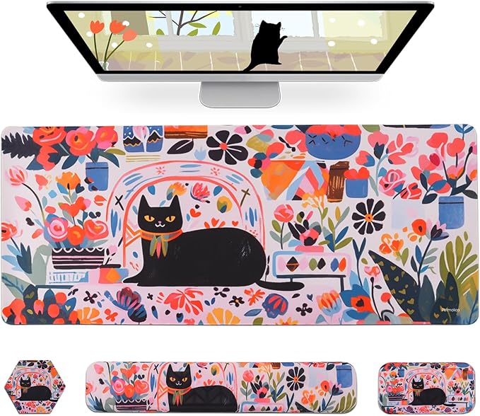 Petmolico Wrist Rest Set with Computer Keyboard Desk Pad,Mouse Wrist Rest,Keyboard Typing Wrist Pad and Cup Coasters,Ergonomic Design for Typing Pain Relief(Black,Cat with Flowers)