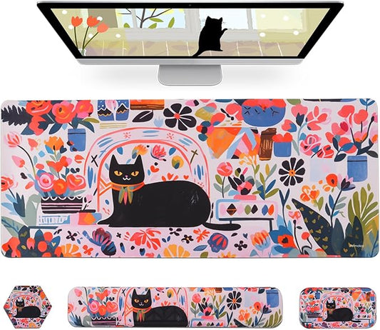 Petmolico Wrist Rest Set with Computer Keyboard Desk Pad,Mouse Wrist Rest,Keyboard Typing Wrist Pad and Cup Coasters,Ergonomic Design for Typing Pain Relief(Black,Cat with Flowers)