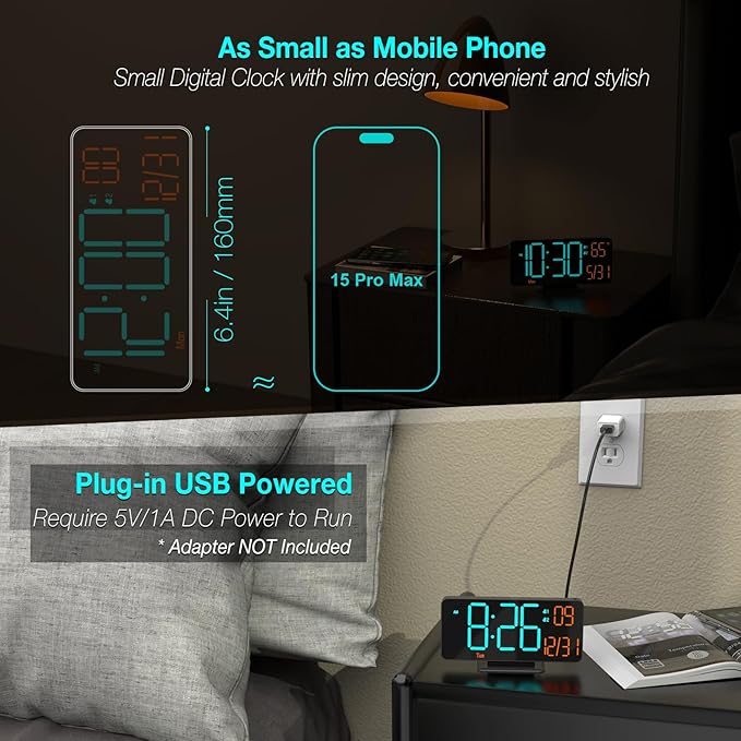 KOSUMOSU Alarm Clocks for Bedrooms, 6.7" Black Small Digital Clock LED, Desk Alarm Clock with Auto Dimming,Seconds, Day of Week, Indoor Temperature,Clocks for Living Room