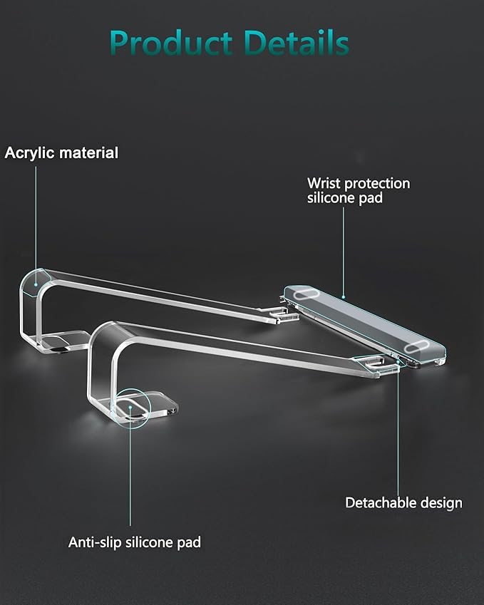 Clear Acrylic Laptop Stand for Desk, with Wrist Rest, Ergonomic Detachable Mount Compatible with 10-17'' All Laptops Such as MacBook Air Pro/HP/Dell/Lenovo