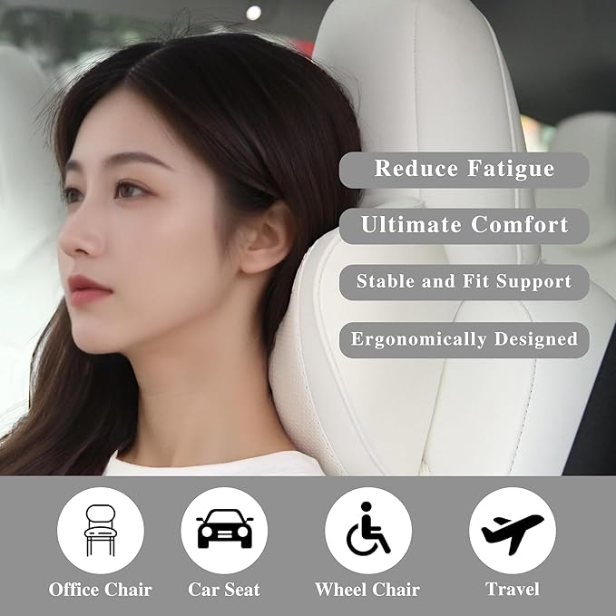 Car Headrest Pillow 100% Memory Foam, Breathable Removable Leather Cover, Premium Seat Support Head Neck Cushion for Driving Travel Home Office, White, 2 Pack