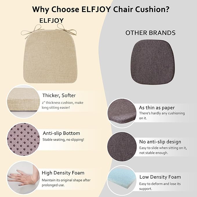 ELFJOY Chair Cushions for Dining Chairs Kitchen Chair Cushions U Shape Non Slip Chair Pads Set of 4 Seat Cushions with Ties Indoor 16.7" x 16" Beige