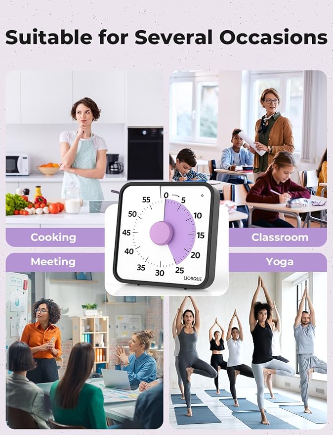 LIORQUE 60 Minute Visual Timer for Kids and Adults, Non-Ticking 7.5 Inch Large Visual Countdown Timers for Classroom Desk Countdown Clock with Magnetic Backing, Kids Pomodoro Timer Clock