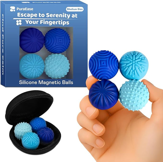 Magnetic Sensory Fidget Balls – 4PC Medium Weighted Textured Silicone Stress Relief Toys for Adults & Teens with ADHD, Autism, Anxiety – Quiet Magnet Fidgets for Desk, Travel, Office & Gifts