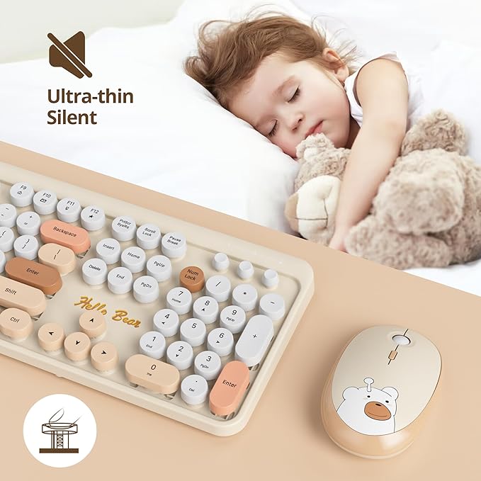 GTSP Creamy Wireless Keyboard and Mouse, Typewriter Office Full-Sized Colorful 2.4G Cute Aesthetic Keyboard for Computer, Laptop, PC Desktops（Brown）